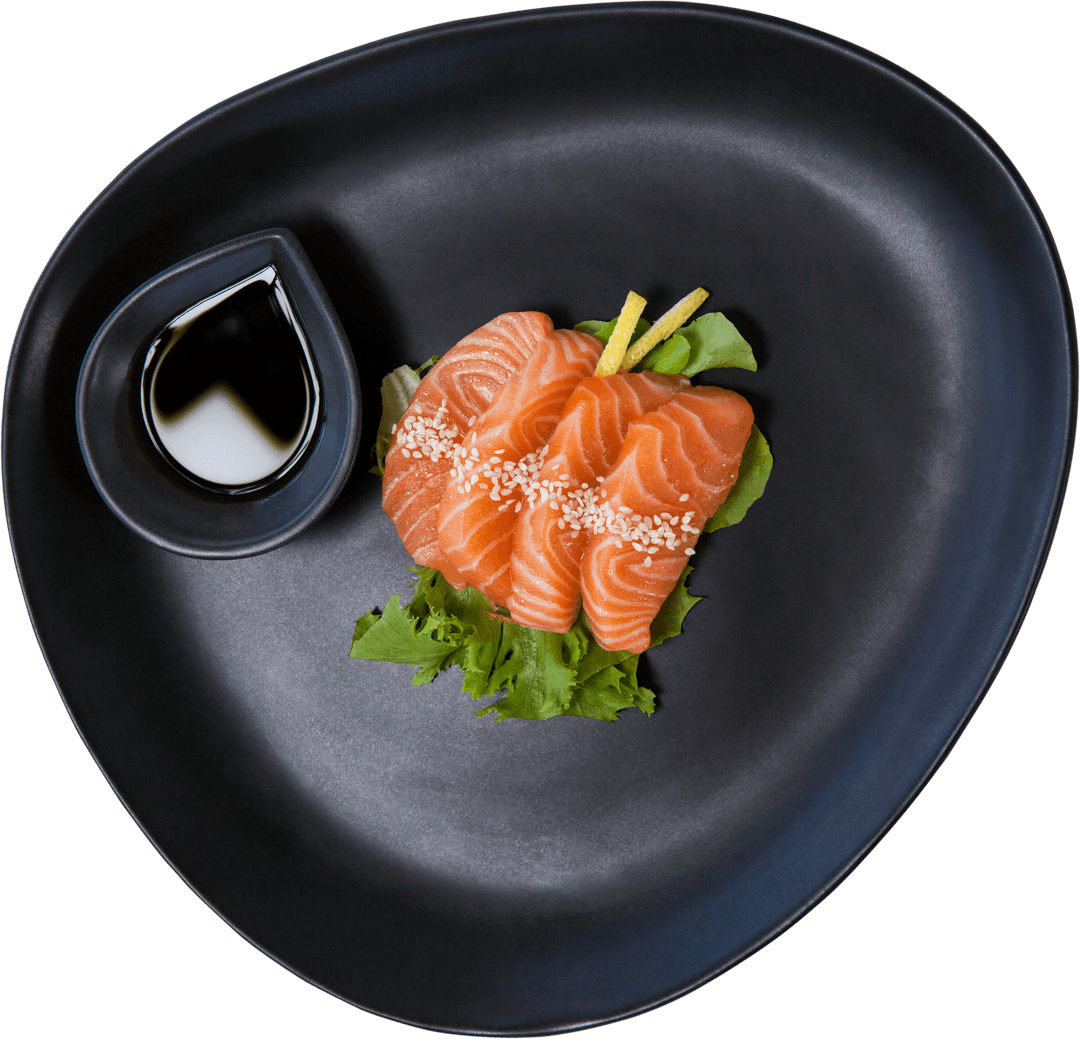 Transparent Background Elegant Salmon Sashimi with Soy Sauce