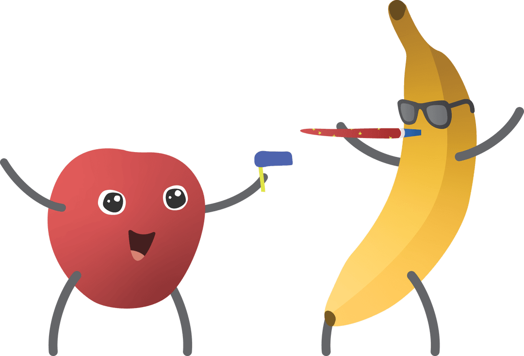 Playful Cartoon Apple and Banana on Transparent Background