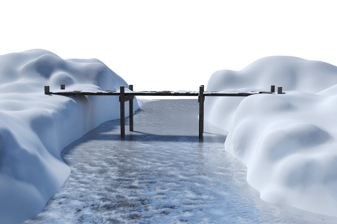 Transparent Winter Landscape with Wooden Bridge over Snowy River