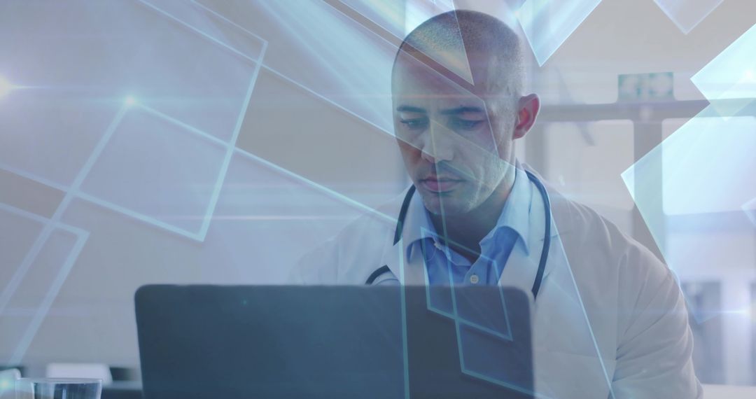 Doctor Using Laptop with Futuristic Digital Interface in Office