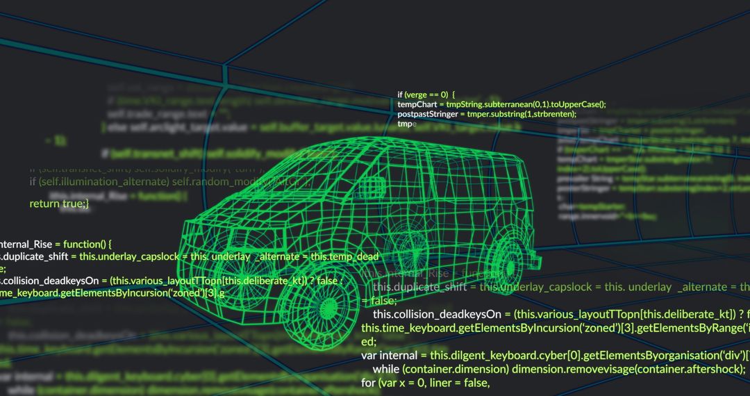 Futuristic 3D Wireframe Car and Floating Code Panels
