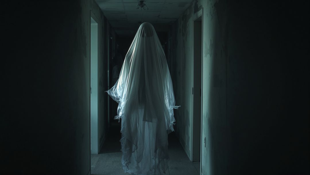 Mysterious Ghostly Figure Gliding Through Haunted Corridor
