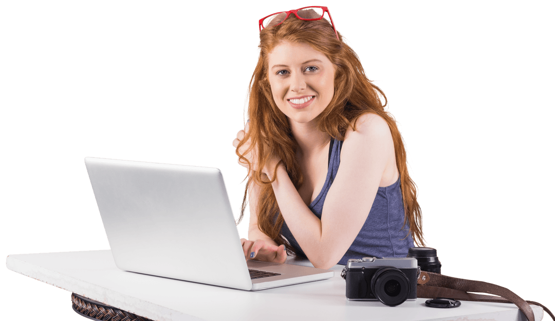 Transparent Background Redhead Woman Working on Laptop
