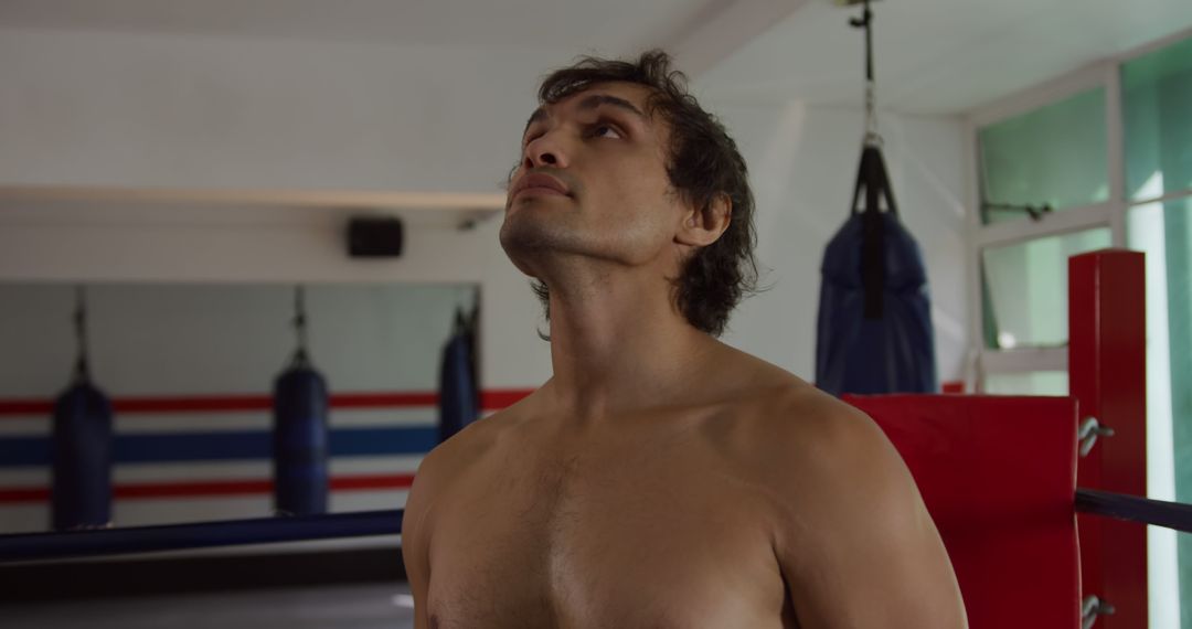 Determined boxer standing in gym staring upward - Free Images, Stock Photos and Pictures on Pikwizard.com