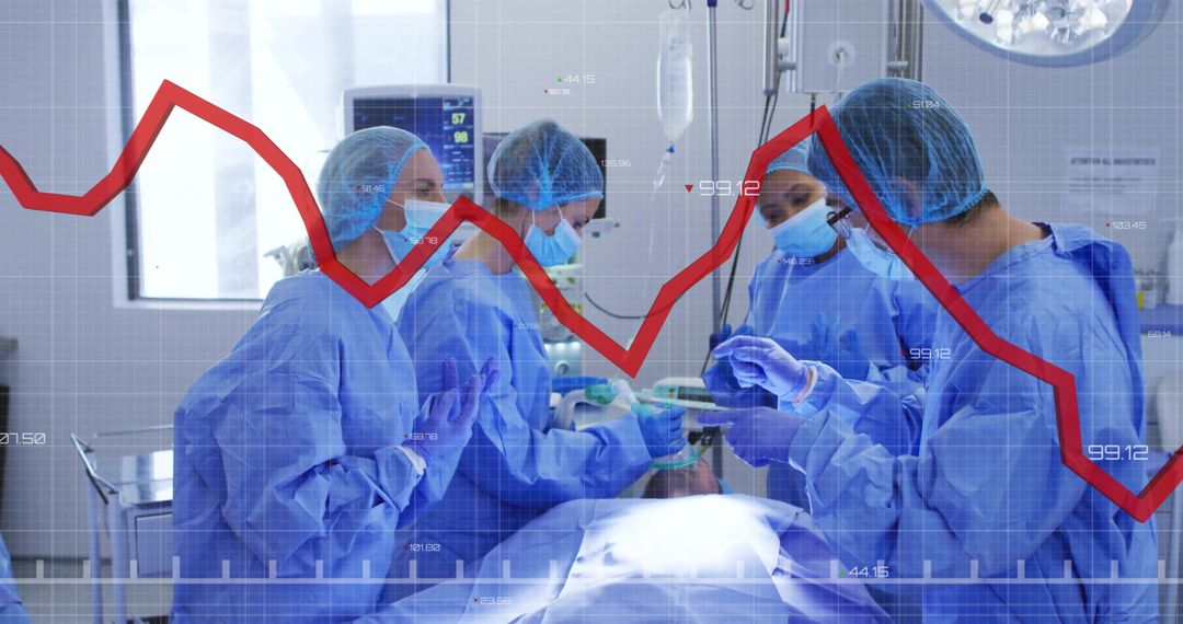 Surgical Team Collaborating with Superimposed Graph, Symbolizing Medical Trends
