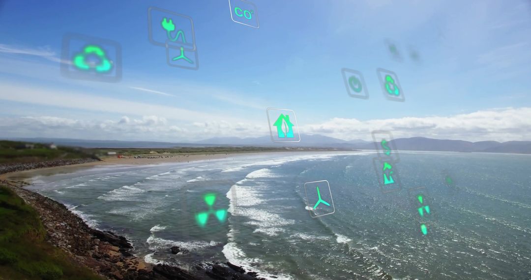 Digital Eco Network Icons Floating Over Coastal Seascape