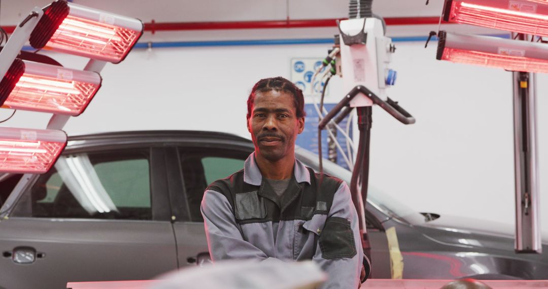 Confident Mechanic in Auto Workshop Surrounded by Infrared Cure Lights