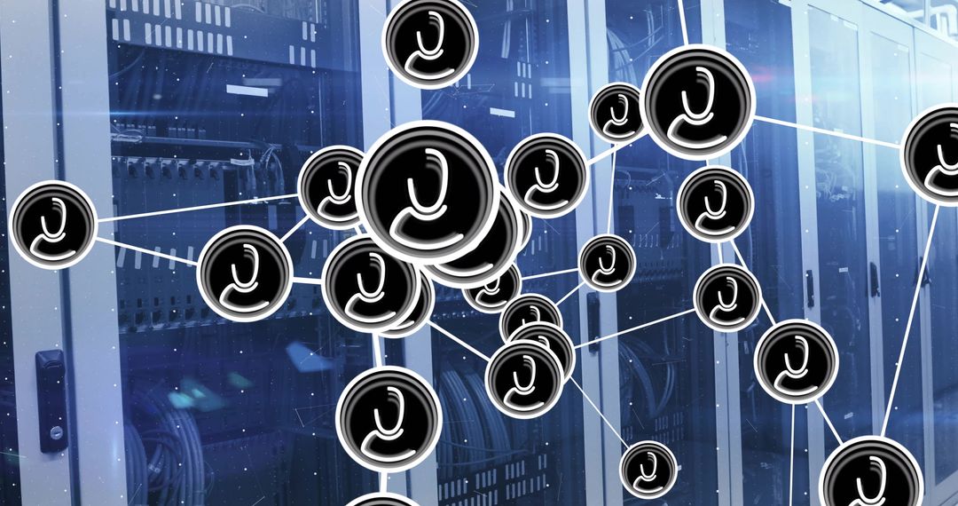 Digital Interface Icons and Data Processing in Server Room