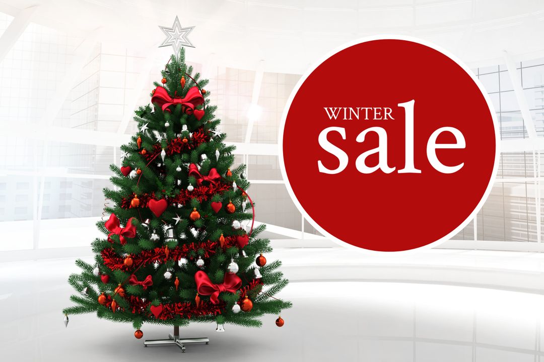 Christmas Tree Next to Winter Sale Sign for Holiday Promotions