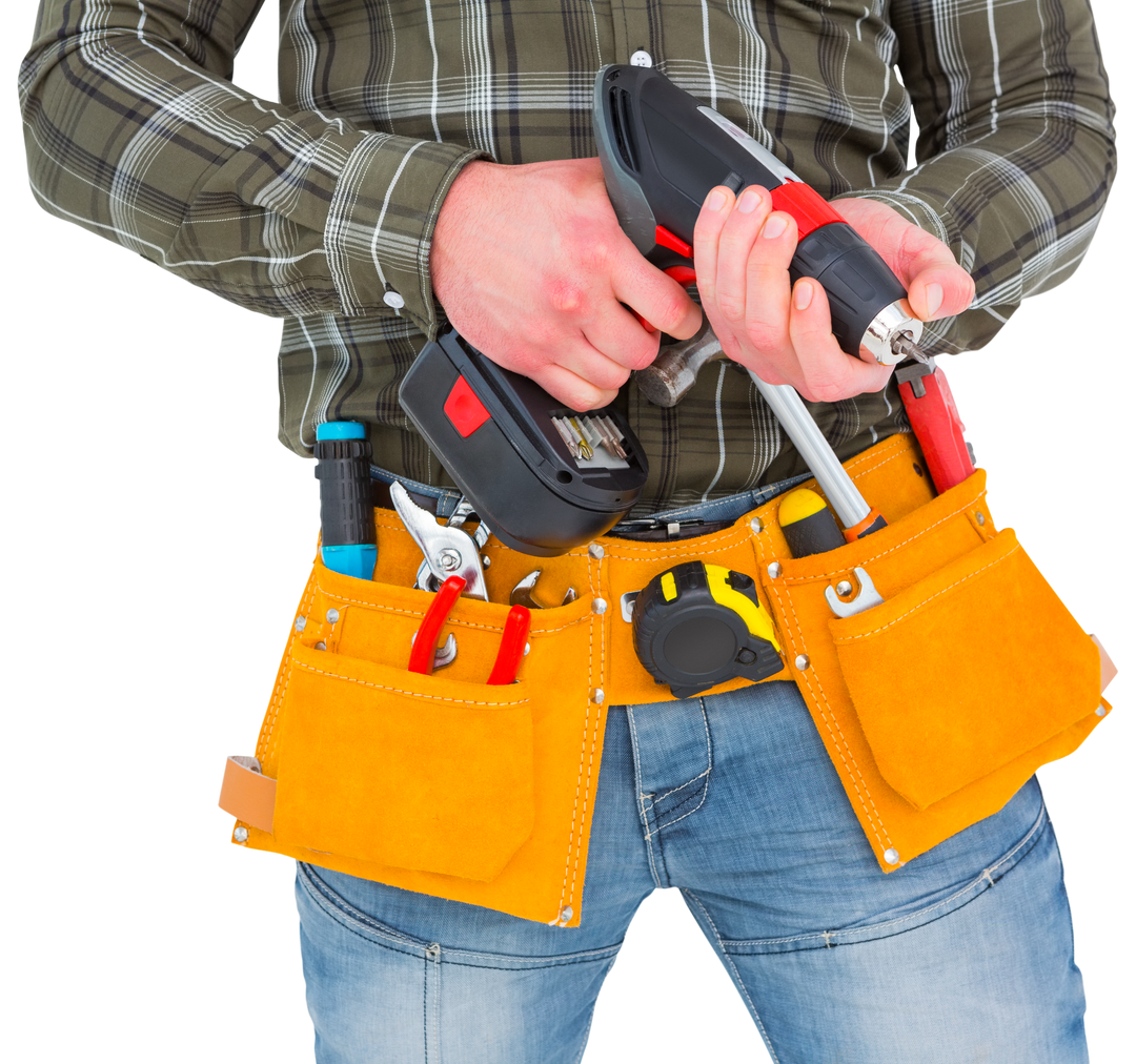 Manual Worker Holding Power Drill Wearing Yellow Tool Belt Operating Tools Transparent - Download Free Stock Images Pikwizard.com