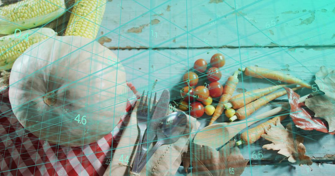 White Pumpkin Harvest Flatlay with Rustic Cutlery and Cyan Digital Grid Overlay