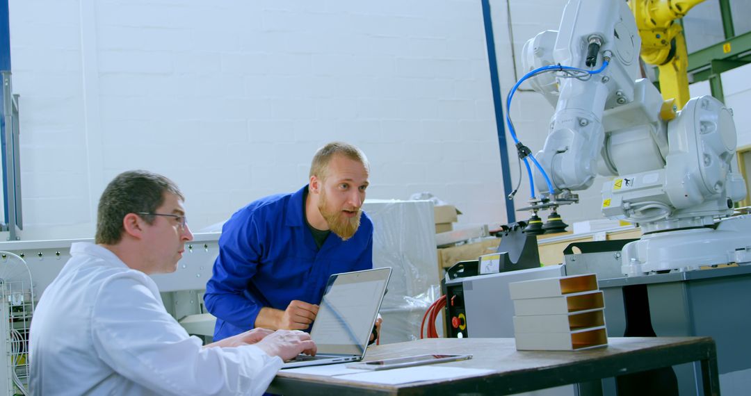 Engineers Collaborating in Robotics Lab with Industrial Robot Arm - Free Images, Stock Photos and Pictures on Pikwizard.com