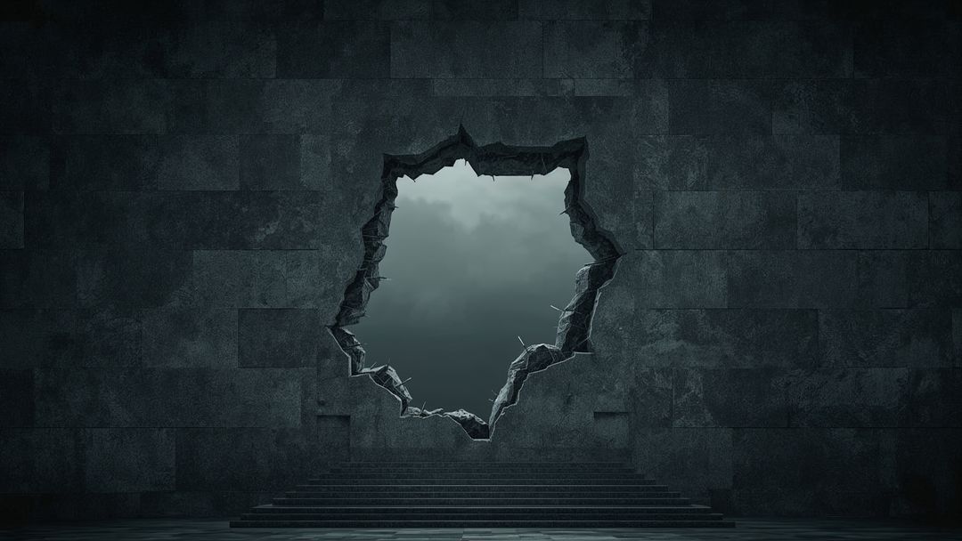Jagged Breach in Stone Wall Revealing Cloudy Sky