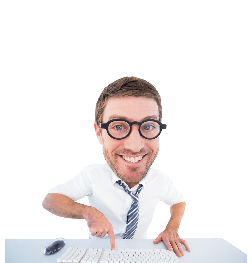 Caucasian Businessman with Exaggerated Head Tapping Keyboard on Transparent Background