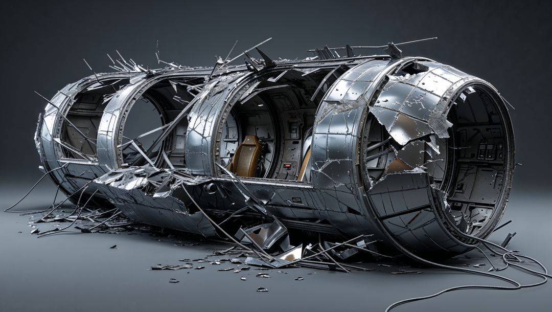 Futuristic fuselage cylinders damaged in sci-fi plane crash scene