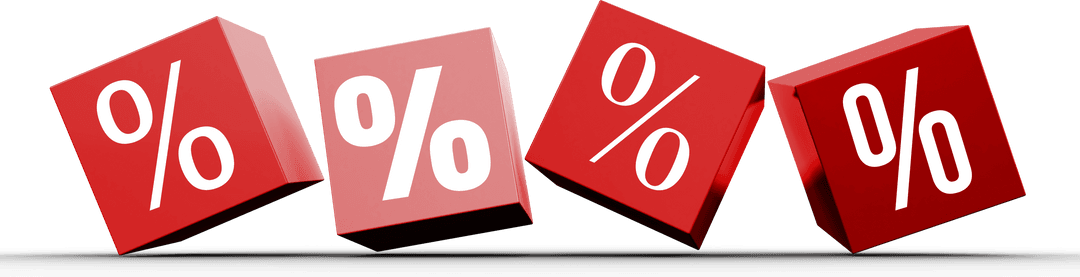 Row of red cubes displaying percentage symbols on transparent background