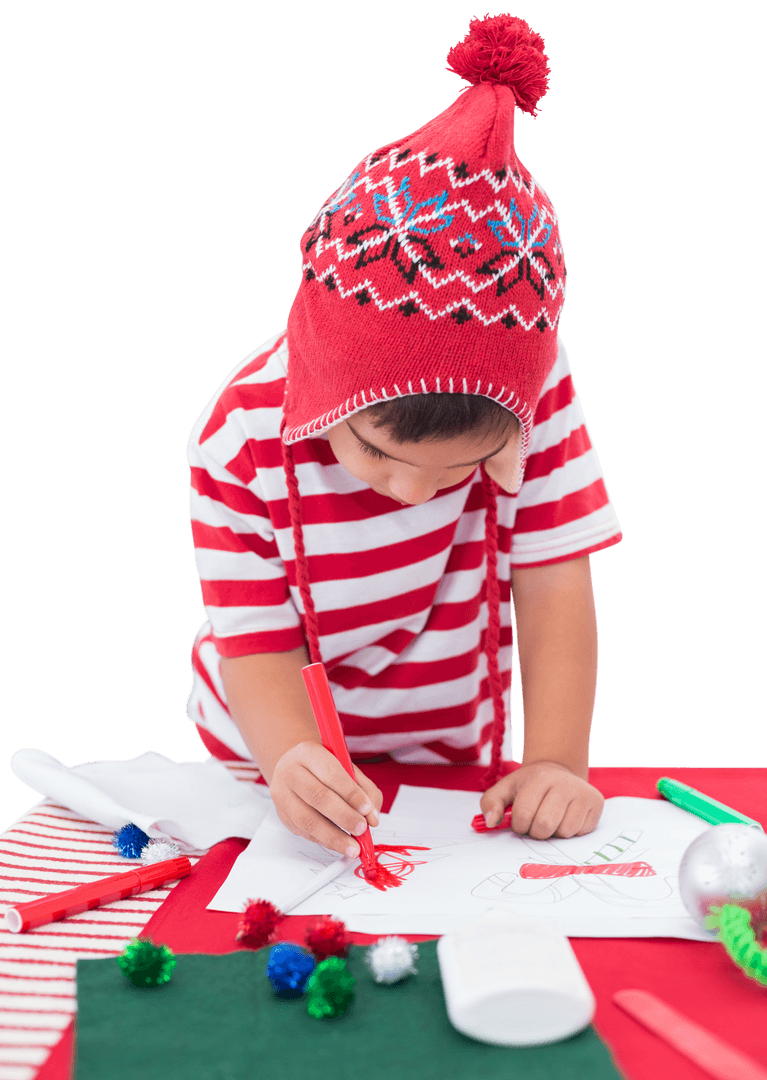 Caucasian Boy Drawing with Red Marker, Transparent Background