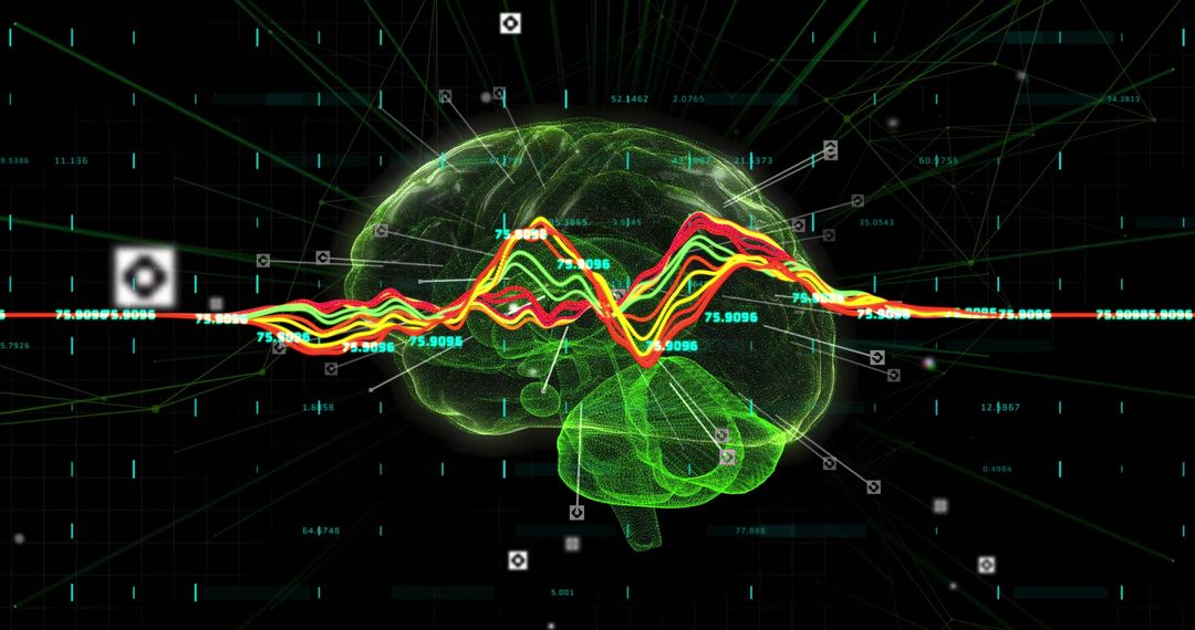 Futuristic Brain Data Visualization with Colorful Waveforms and Digital Interface