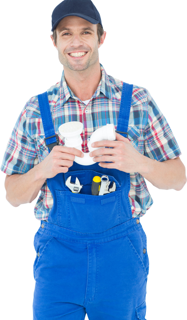 Transparent Background Smiling Plumber Holding Sink Pipe - Download Free Stock Images Pikwizard.com