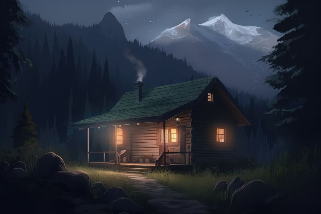 Cozy Mountain Cabin at Night with Glowing Windows - Free Images, Stock Photos and Pictures on Pikwizard.com