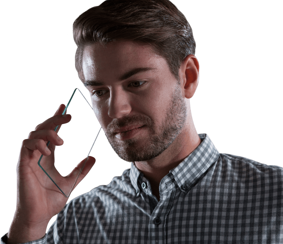 Innovative Concept: Man Using Transparent Smartphone