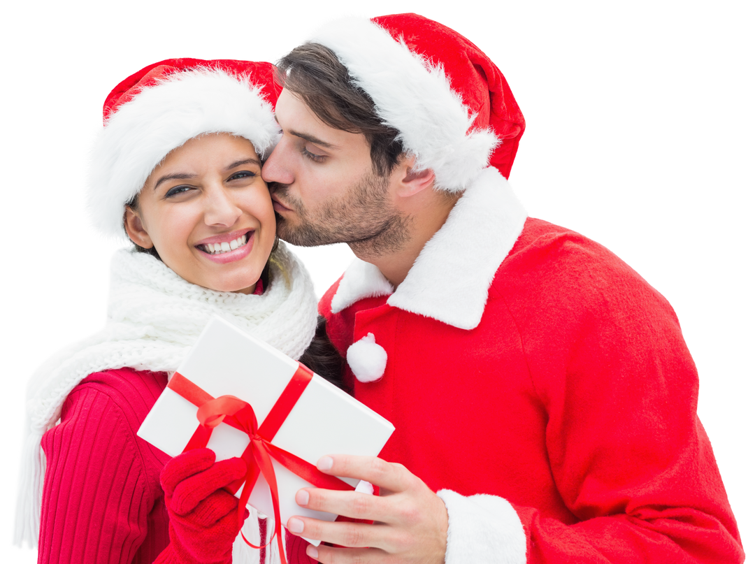 Cheerful Couple in Santa Hats Sharing Christmas Gift Transparent - Download Free Stock Images Pikwizard.com