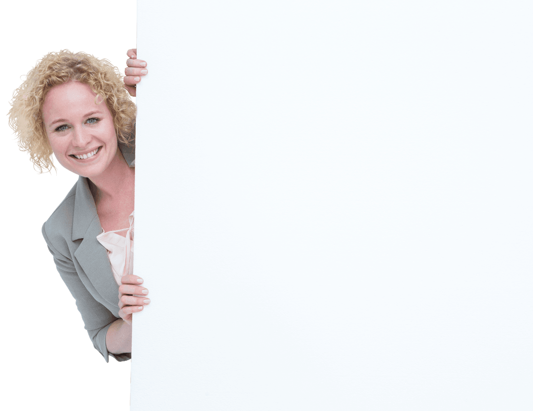 Smiling Professional Peeking Around Blank Transparent Sign