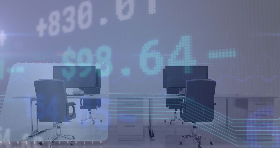 Empty Office with Stock Market Data Overlay Signifying Global Economy