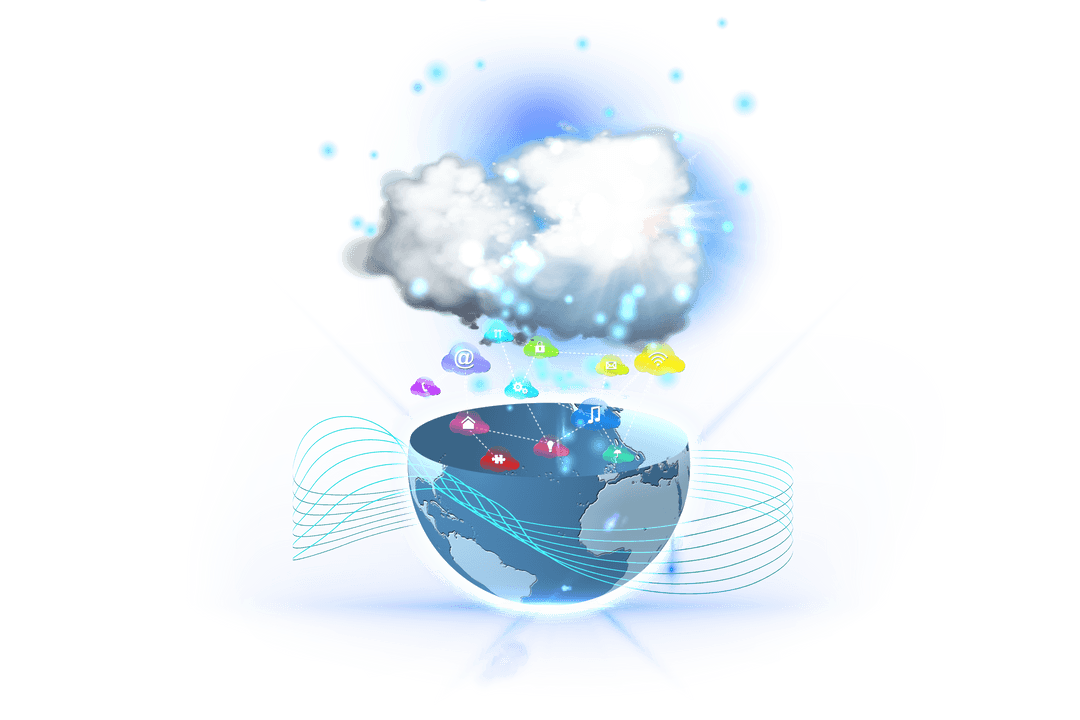 Colorful Transparent Globe with Media Icons and Cloud Effects