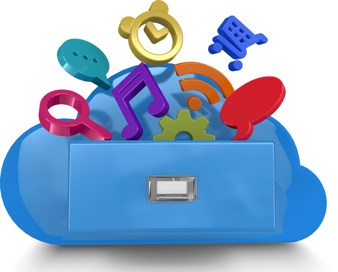 Transparent 3D Cloud Storage Icons Emerging from Blue Cabinet