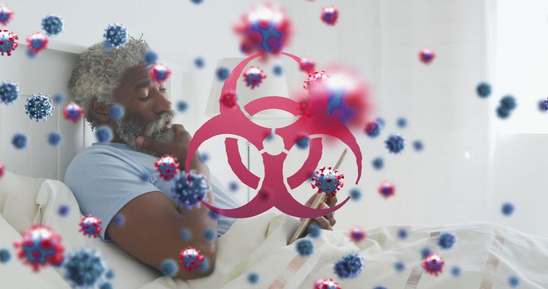 Man Using Tablet in Bed Surrounded by Biohazard Virus Symbols