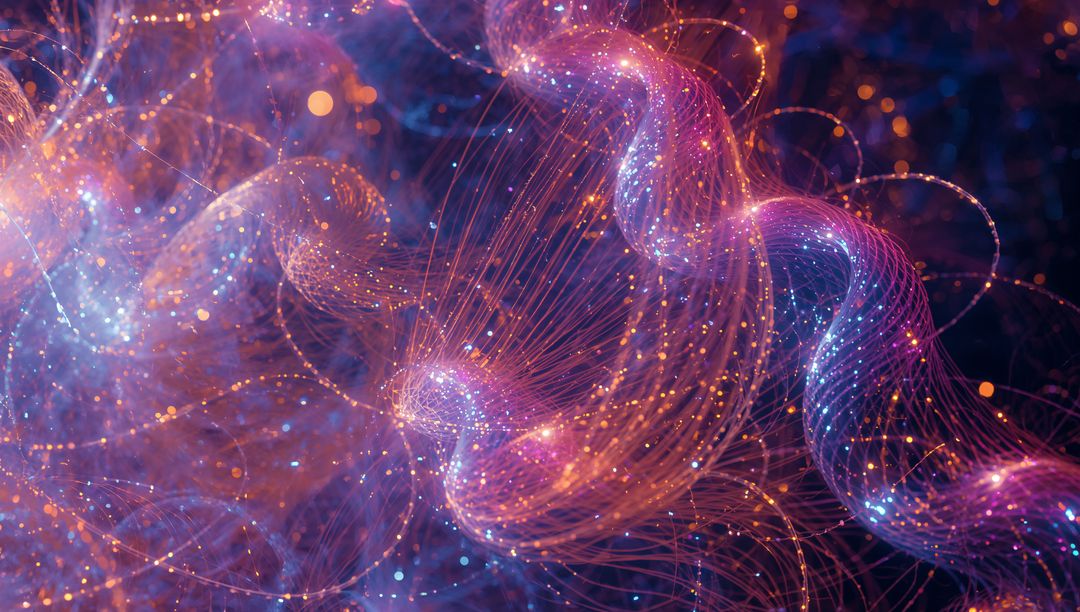 Luminescent Neural Filaments Flowing Through Digital Nebula With Golden Particle Trails