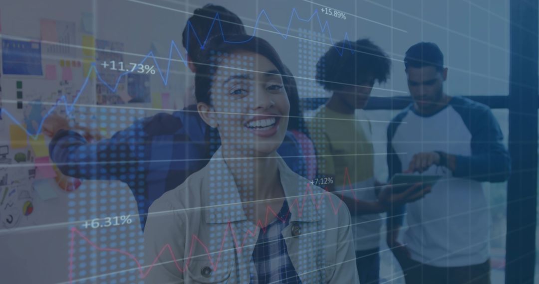 Smiling Businesswoman Leading Diverse Team in Data Analysis