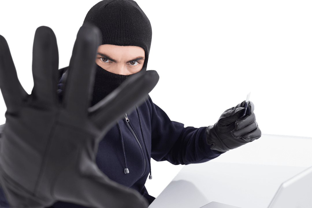 Masked Hacker Holding Credit Card Making Threatening Gesture Transparent