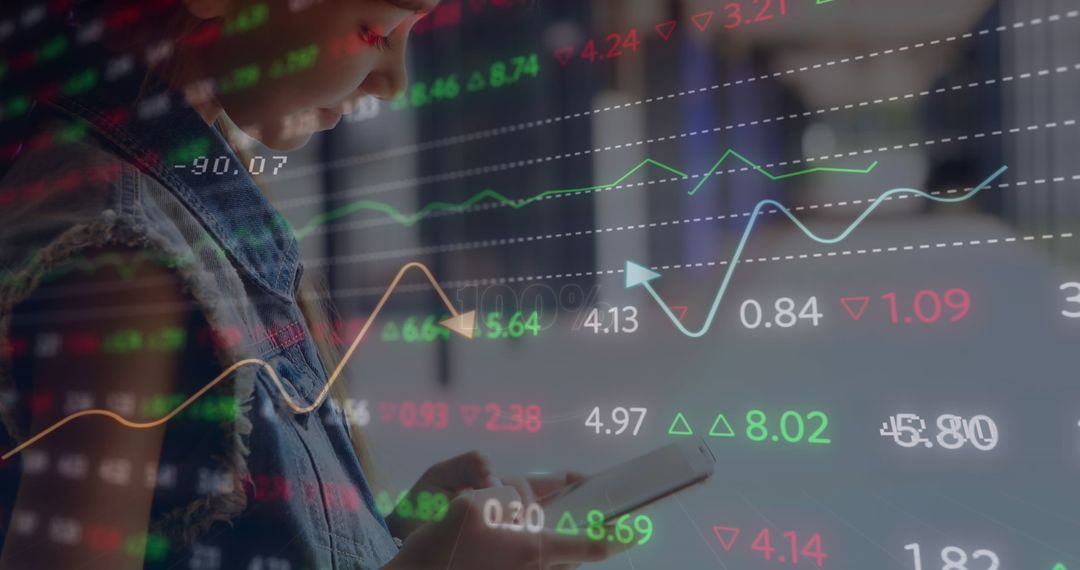 Woman Analyzing Financial Data on Smartphone with Stock Market Charts - Free Images, Stock Photos and Pictures on Pikwizard.com