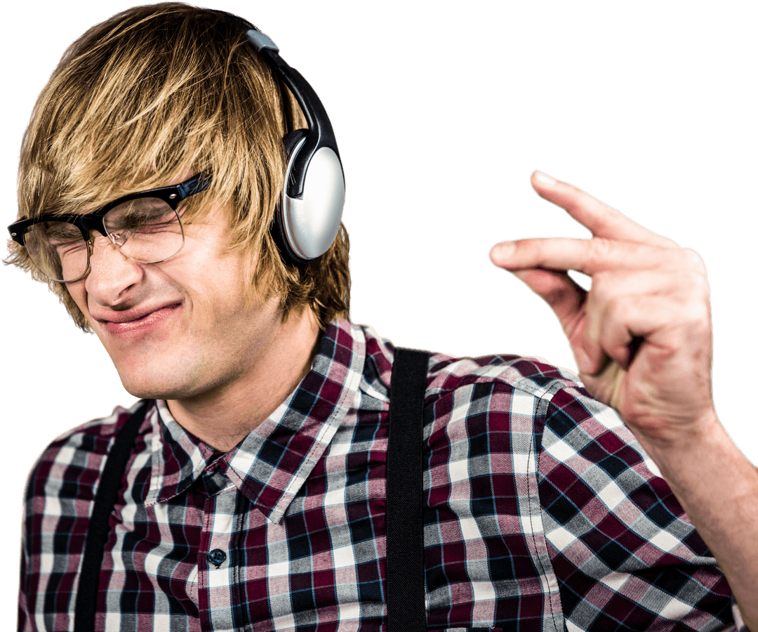 Transparent Hipster Breton Smiling in Headphones Listening to Music