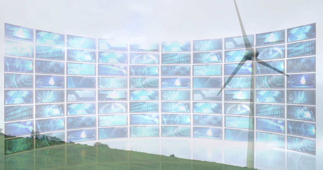 Wind Turbine with Digital Data Screens Over Green Hill in Futuristic SectPieeting