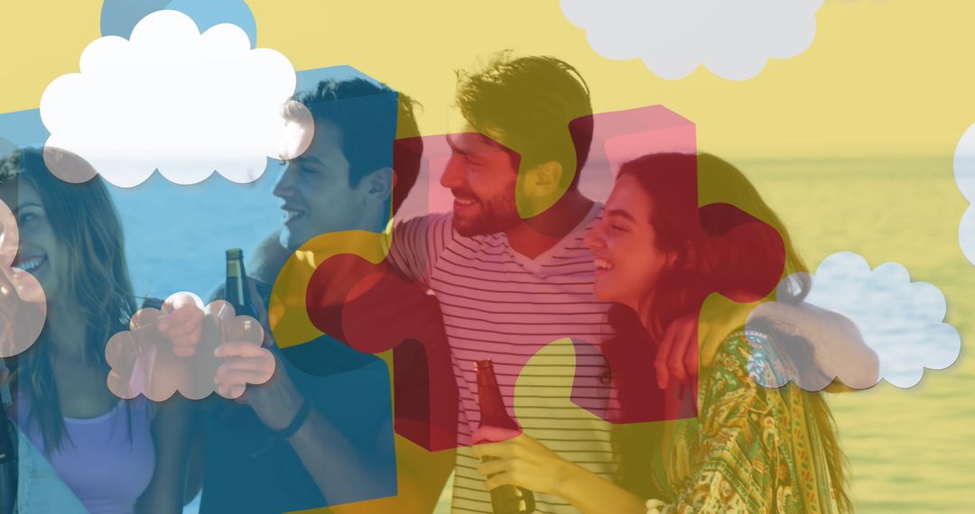 Happy Friends at Beach Party with Colorful Puzzle Overlay
