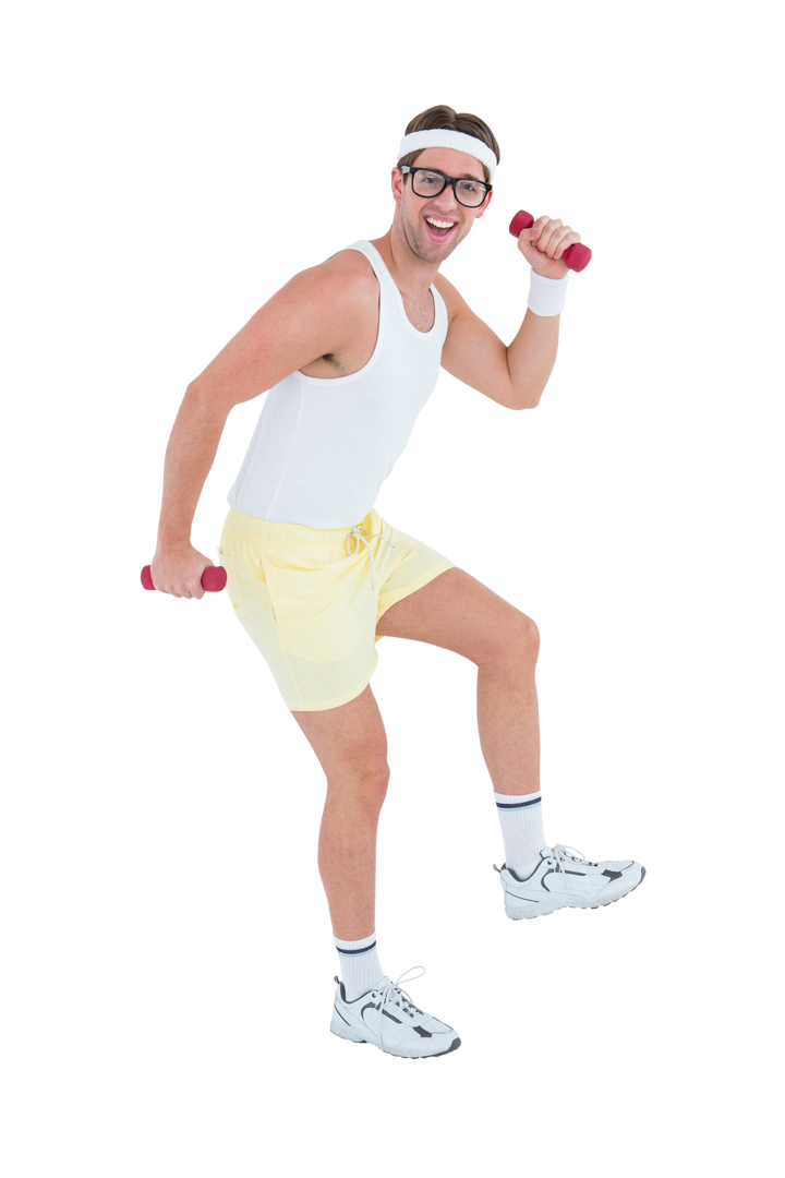 Geeky Hipster Lifting Dumbbells in Retro Sportswear Transparent Background - Download Free Stock Images Pikwizard.com