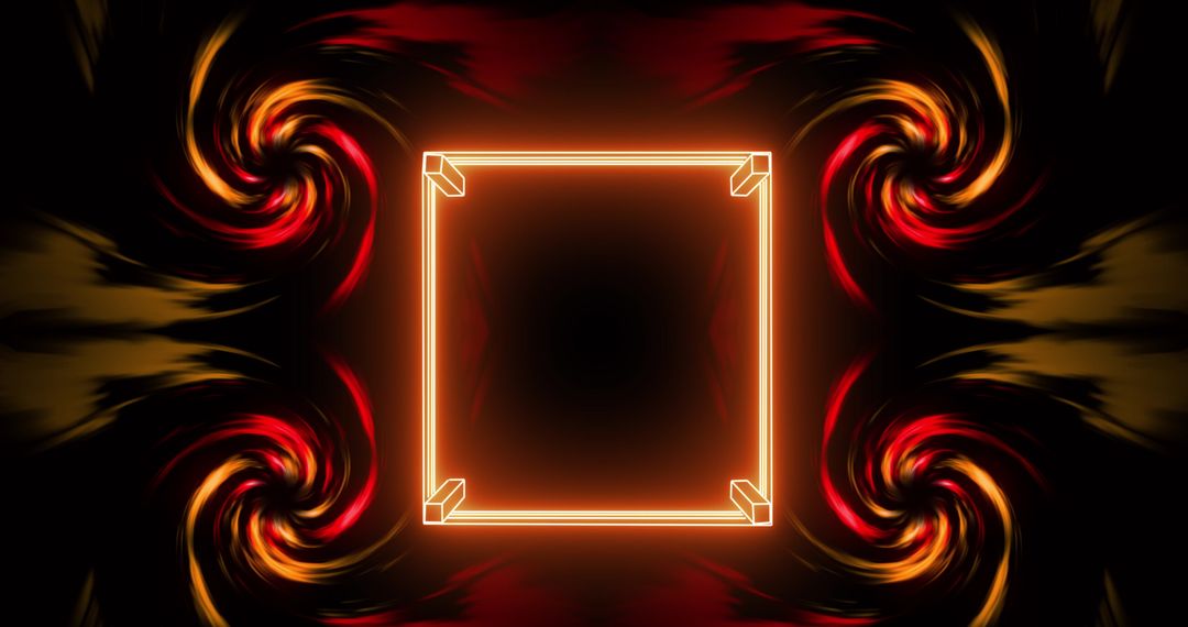 Glowing Orange Square Frame with Spiraling Patterns on Black Background