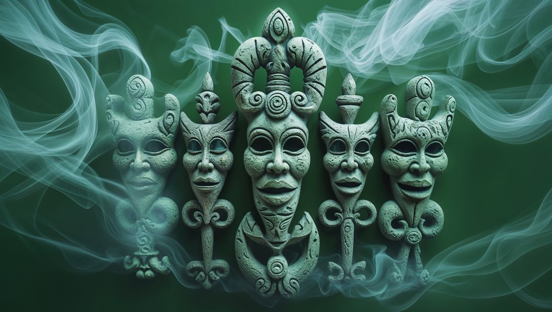 Mystical haiti stone masks with swirling smoke effect