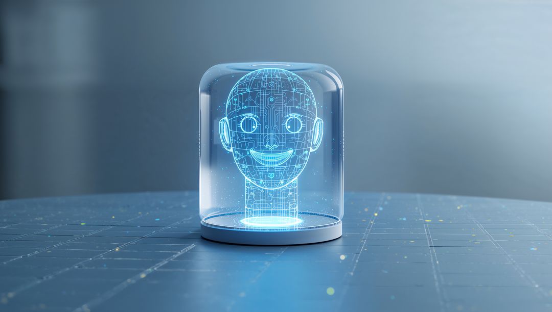 Projecting holographic AI head inside glass dome on futuristic blue grid laboratory table