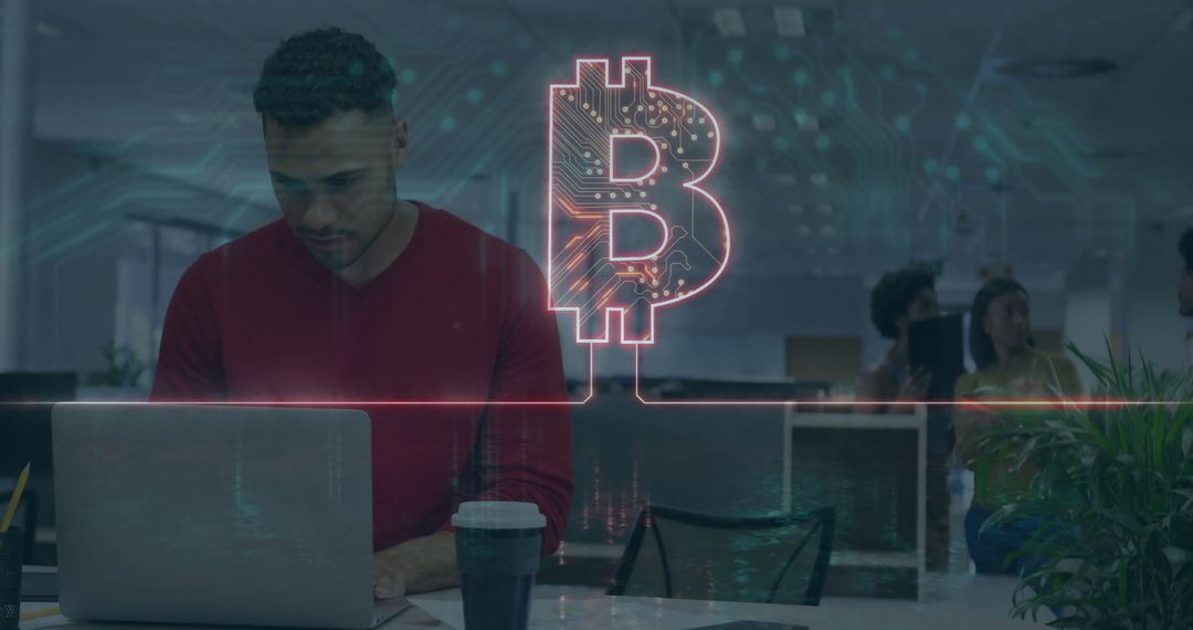 Man Working with Bitcoin Technology in Modern Office Workspace