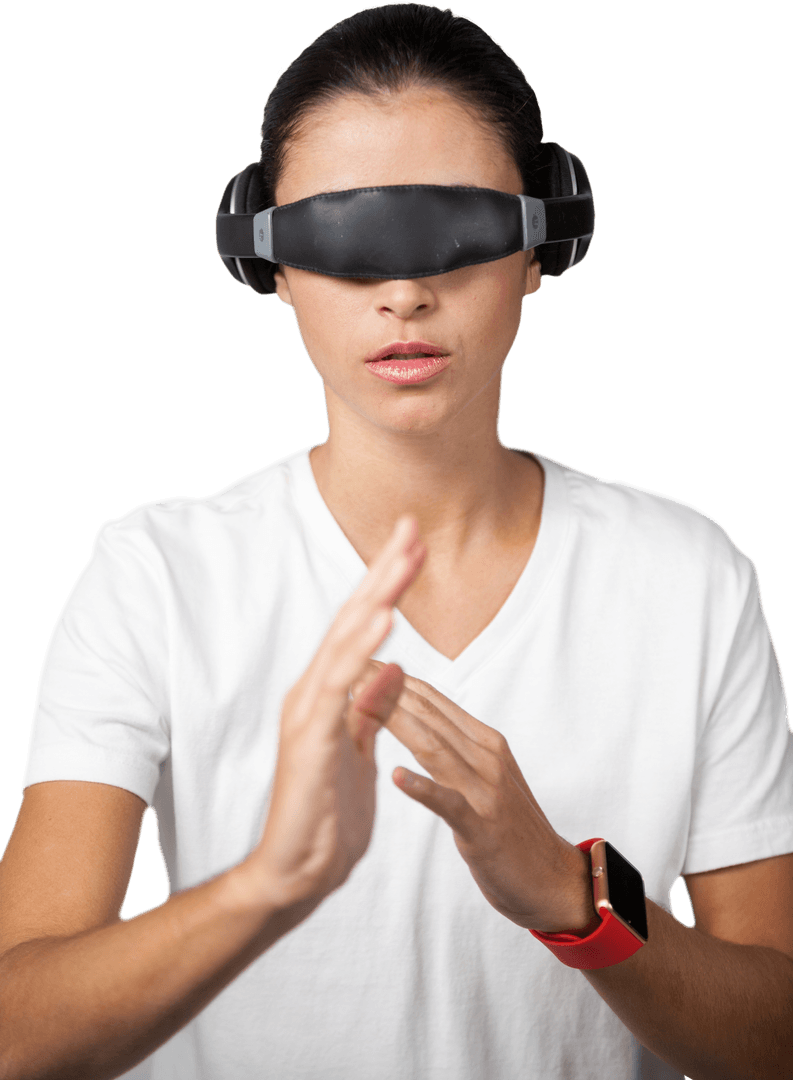 Woman Wearing Virtual Reality Headset with Transparent Background