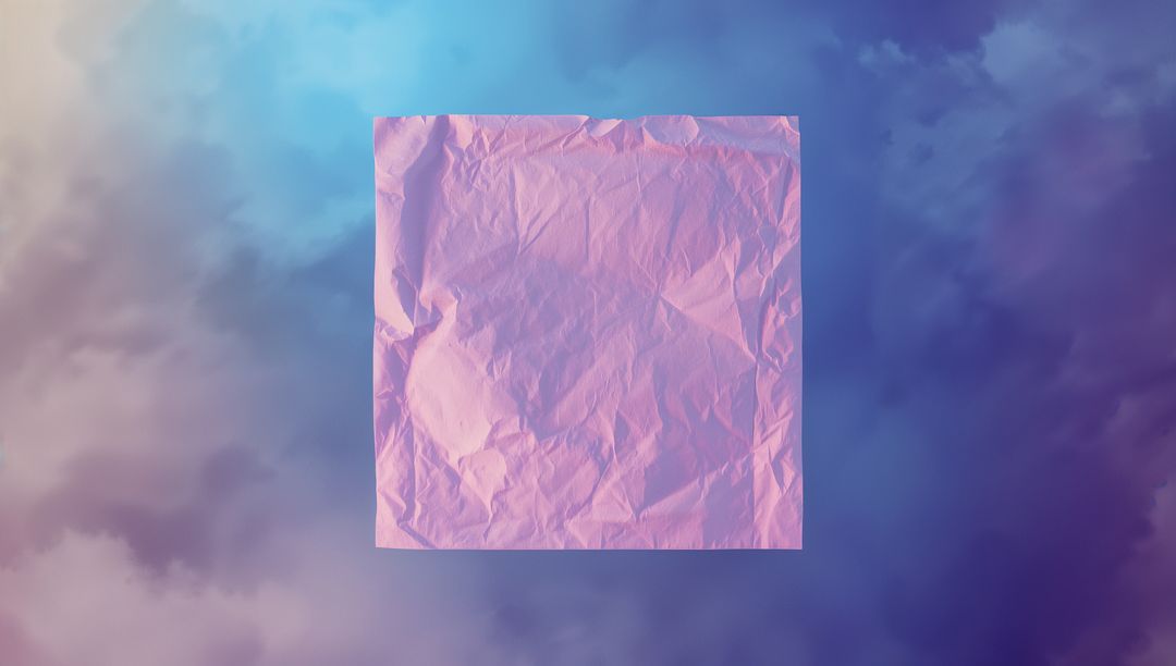 Floating Wrinkled Pink Square against Soft Cloudscape
