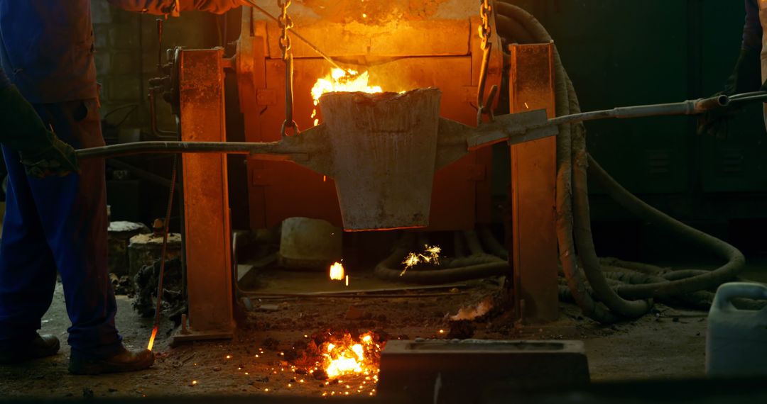 Workers Pouring Molten Metal in Foundry Furnace - Free Images, Stock Photos and Pictures on Pikwizard.com