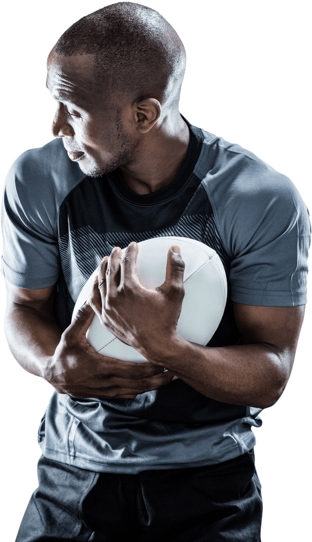 Focused Rugby Player Holding Ball Transparent Background