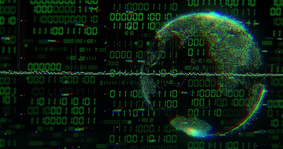 Digital globe surrounded by binary code and data