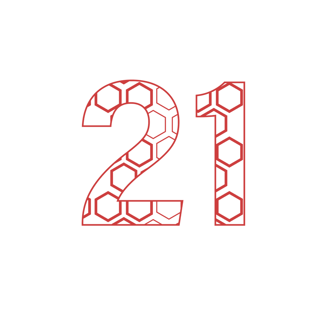 Red geometric 21 with creative hexagon pattern on transparent background