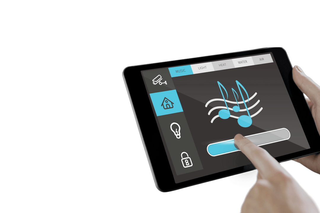 Person Controlling Smart Home Music with Transparent Digital Tablet